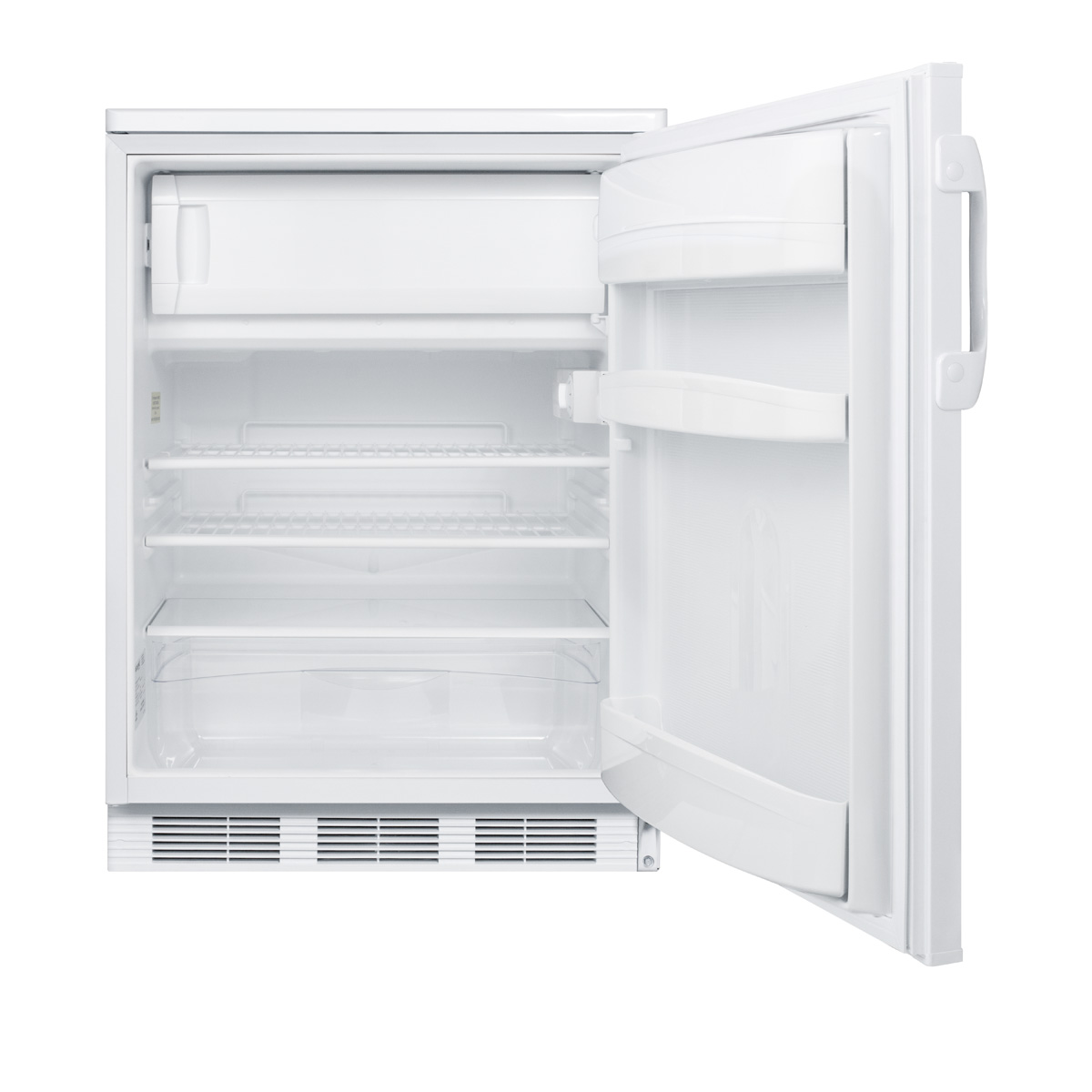 Freestanding refrigerator-freezer for general purpose use, with lock, dual evaporator cooling, cycle defrost, and white exterior